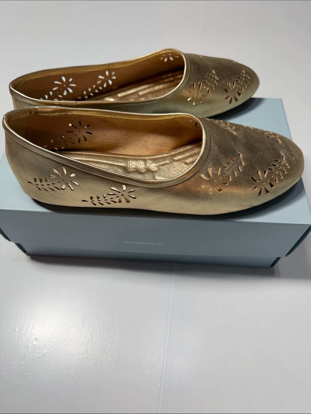 Antonio Melani Glimmer Gold Leather Ballet Flats - Lightweight Slip-On 8.5 NWT